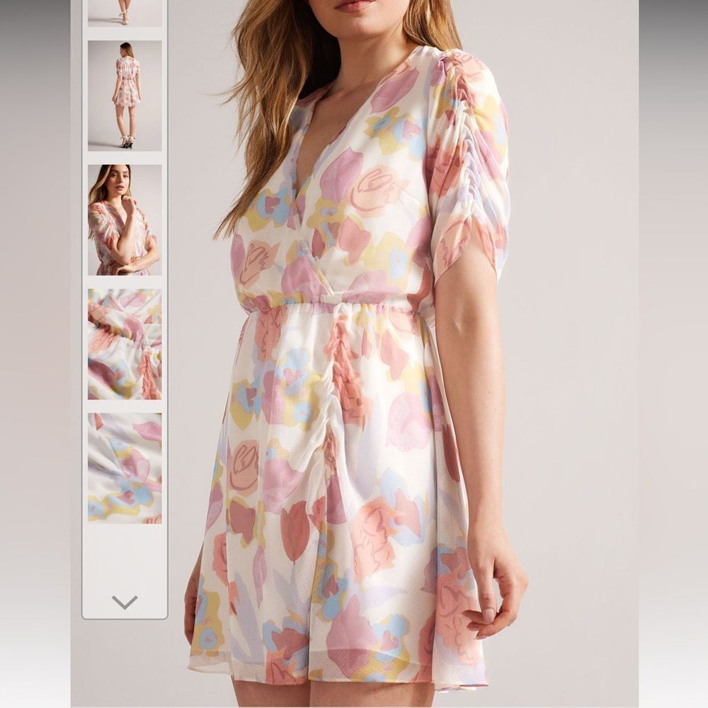 Ted Baker Natural Juleah Ruched Sleeve Detail Mini Dress Size 3 Spring Feminine‎